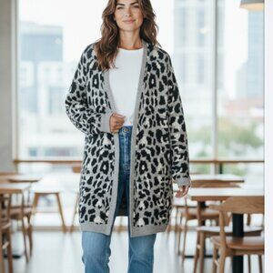 Lumiere Cardigan Women's Medium Sweater Leopard Animal Open Front Black Grey
